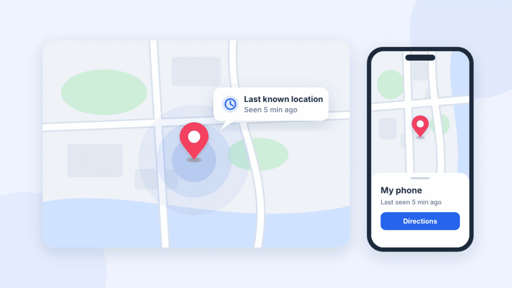 Map with a pin showing a lost phone’s last known location, next to a phone with a Directions button