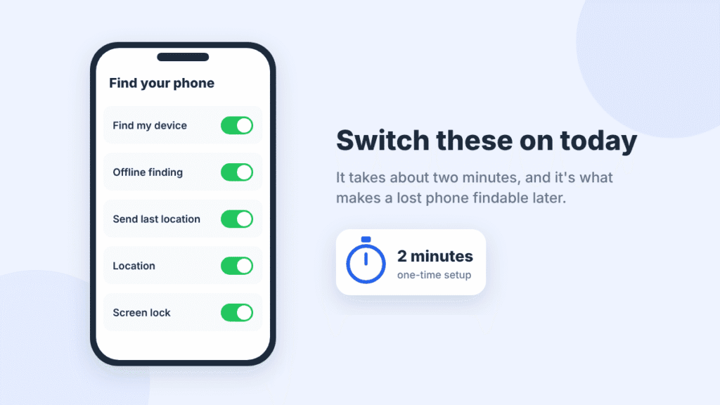 Phone settings screen with Find my device, Offline finding, Send last location, Location and Screen lock turned on