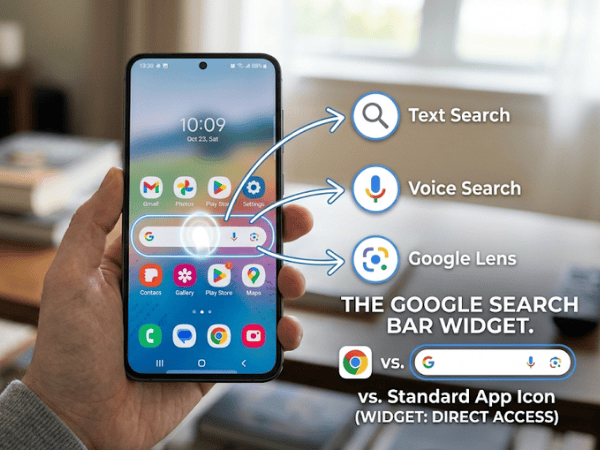 Google Search widget on Android home screen.