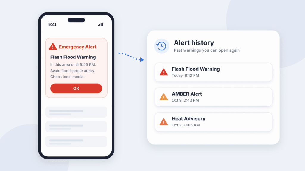 a phone showing a flash flood alert next to an alert-history list. This one also works as the featured image.