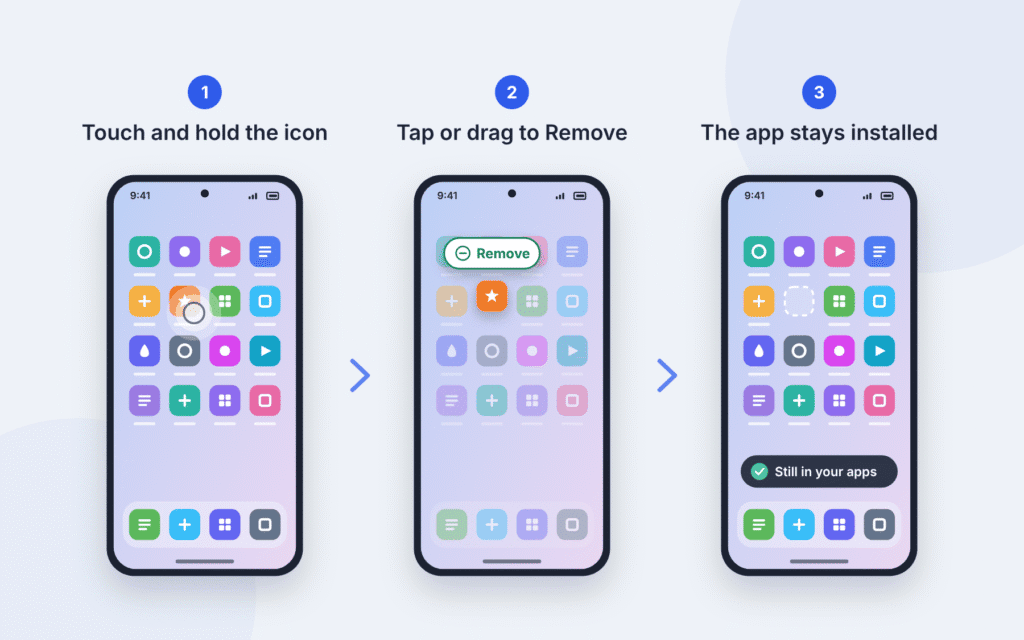 Three phone screens showing how to remove an app icon on Android: touch and hold the icon, tap Remove, and the app stays installed