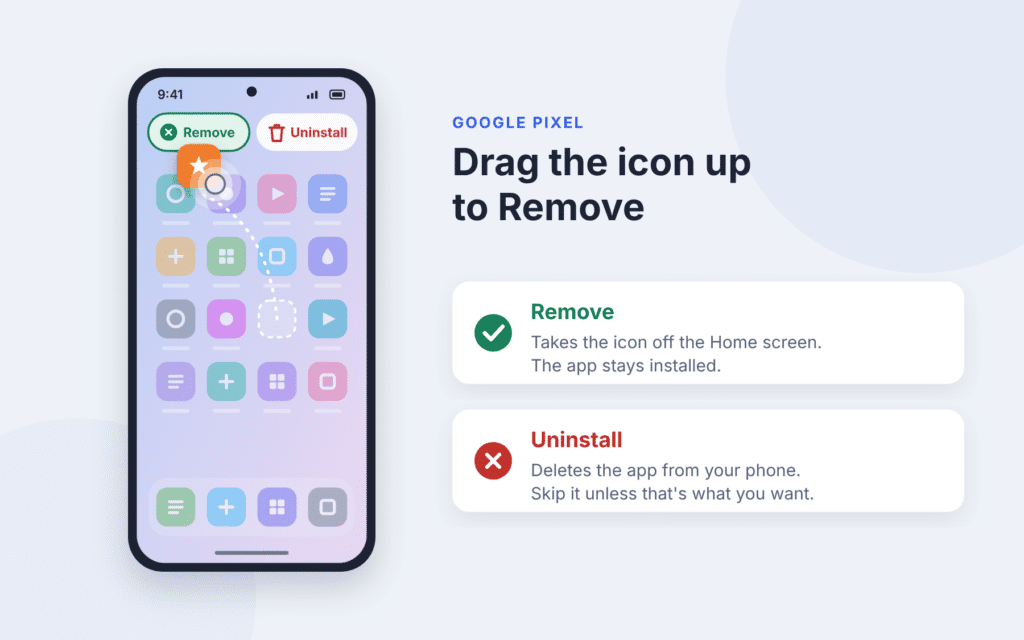 Google Pixel Home screen with an app icon being dragged up to Remove, next to the Uninstall option