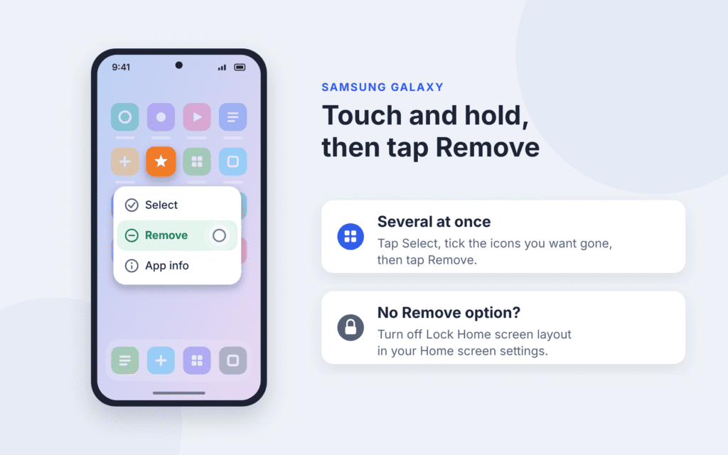 Samsung Galaxy Home screen with a long-pressed app icon and a menu showing Select, Remove and App info