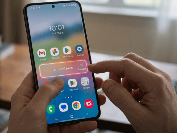 Person holding a smartphone with a missing home screen widget.