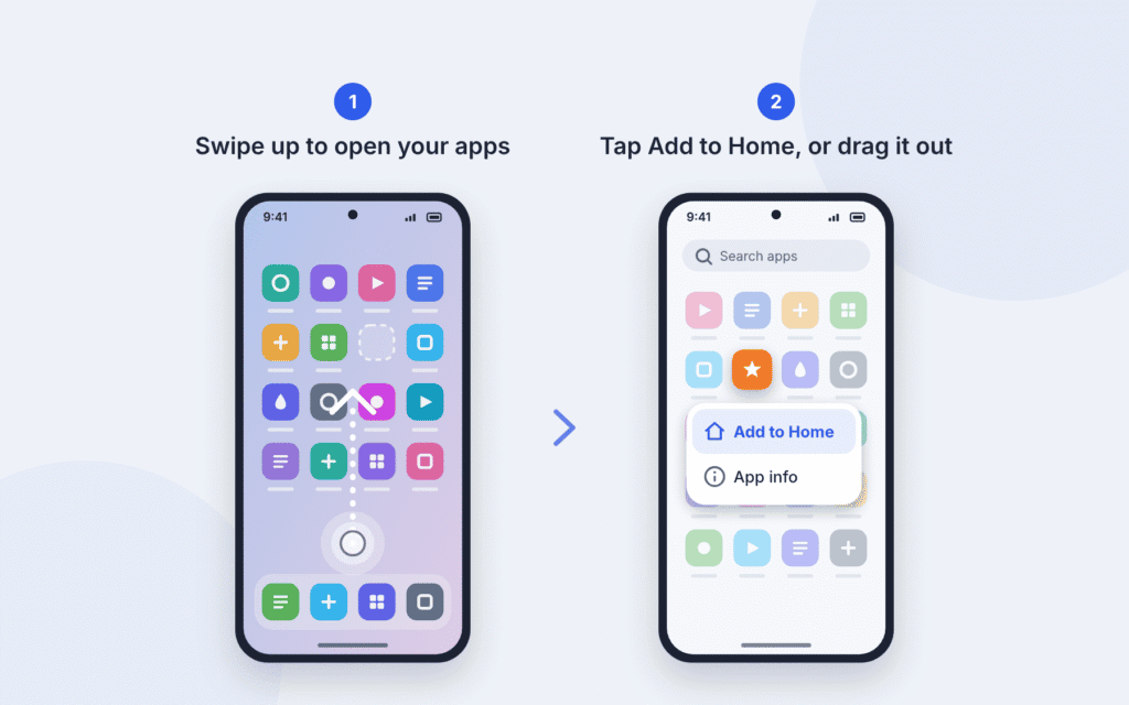 Two phone screens showing how to restore a removed app icon: swipe up to open your apps, then tap Add to Home or drag the app out