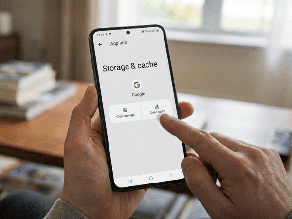  Person tapping Clear Cache in Android Google app settings.