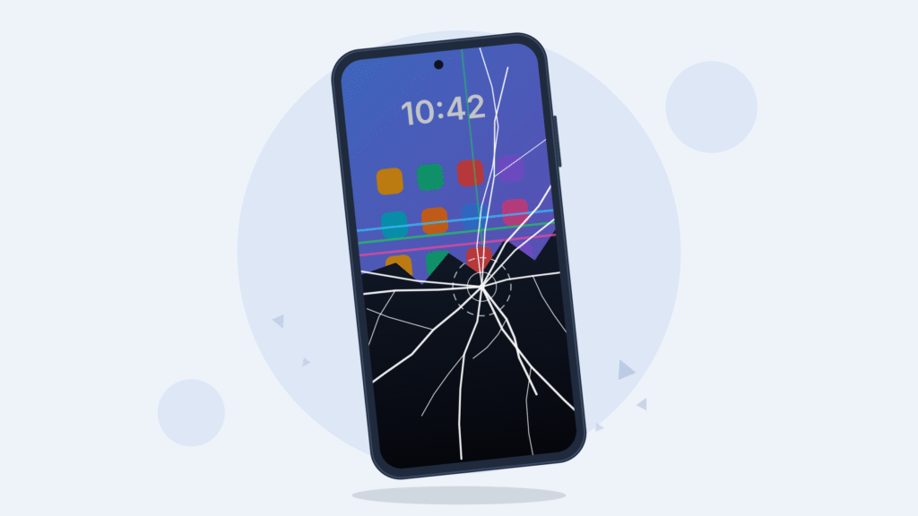 Android phone with a cracked screen, the lower half of the display black and the top showing a faded home screen