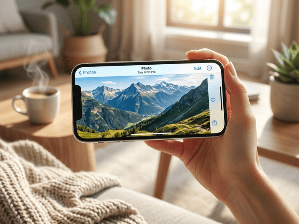 Hand holding an iPhone horizontally displaying a landscape photo.