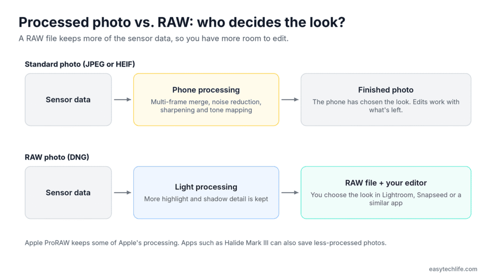 Diagram: a processed JPEG or HEIF photo vs. a RAW DNG file that keeps more sensor data for editing