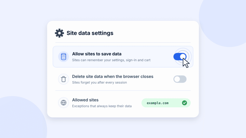 Browser site data settings with the option to allow sites to save data turned on and example.com on the allowed sites list