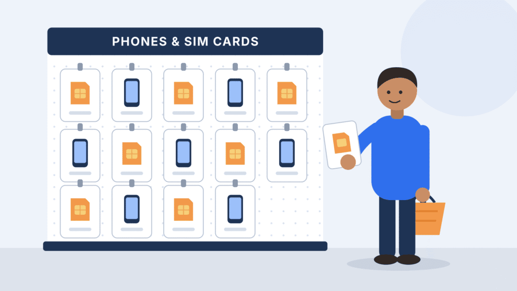 Illustration of a shopper holding a SIM card pack in front of a store display of prepaid phones and SIM cards