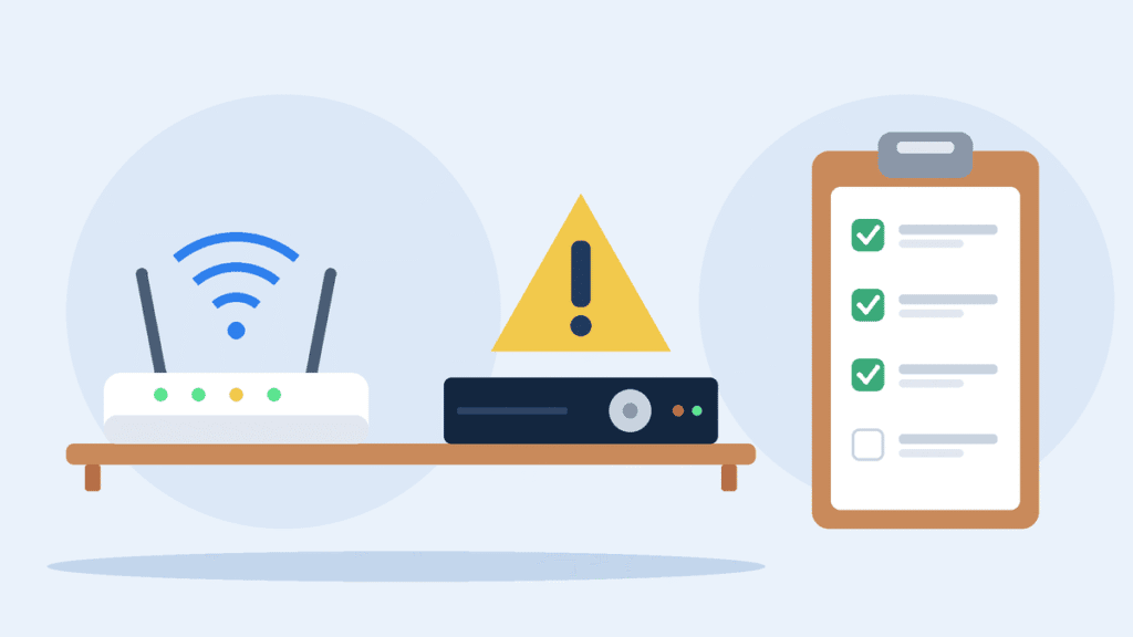 Illustration of a Wi-Fi router, a DVR receiver with a warning sign and a troubleshooting checklist