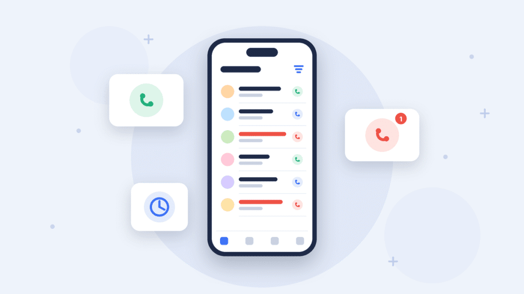 Recent calls on iPhone illustration: a phone call list showing incoming, outgoing and missed calls