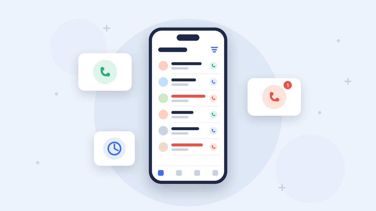 Recent calls on iPhone illustration: a phone call list showing incoming, outgoing and missed calls