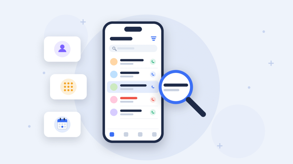 Magnifying glass over a phone call list, illustrating how to search iPhone call history by name, number or date