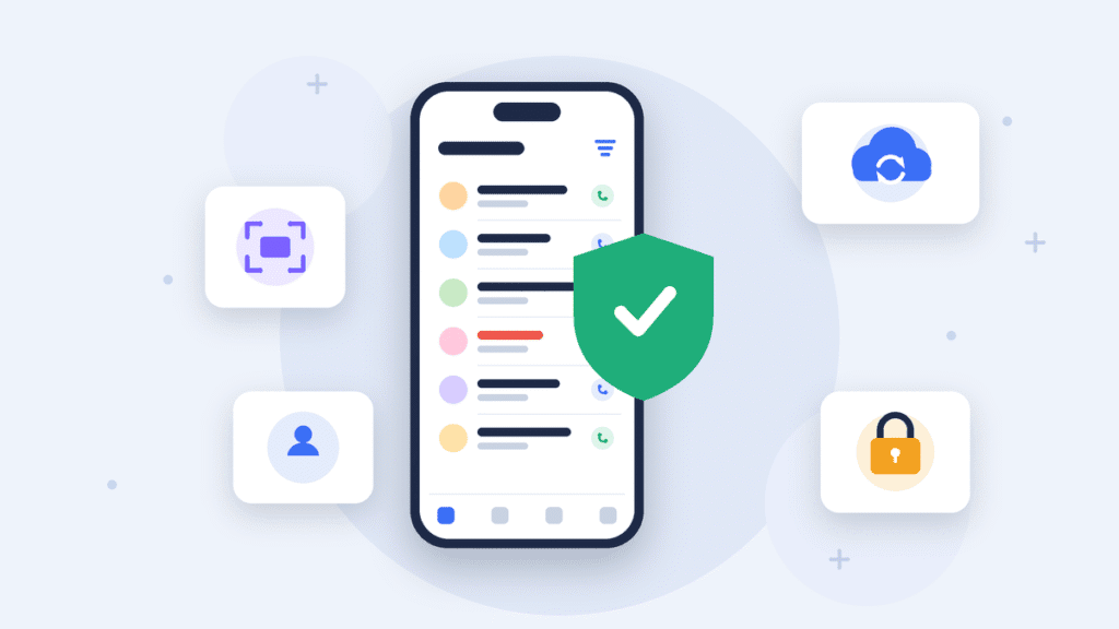 Phone protected by a green shield with cloud sync, padlock and contact icons, illustrating ways to keep iPhone call history safe