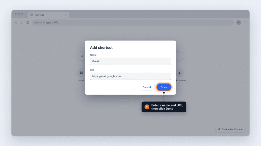 Add shortcut dialog in Chrome with the Name and URL fields filled in and the Done button highlighted