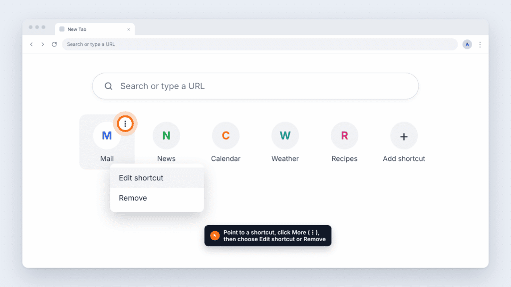 Chrome New Tab page shortcut menu showing the Edit shortcut and Remove options