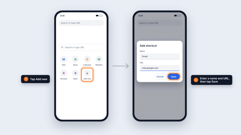 Adding a shortcut in Chrome on a phone: tap Add new, enter a name and URL, then tap Save