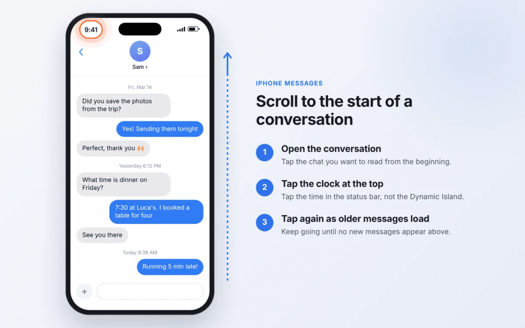 How to go to the beginning of text messages on iPhone by tapping the clock in the status bar
