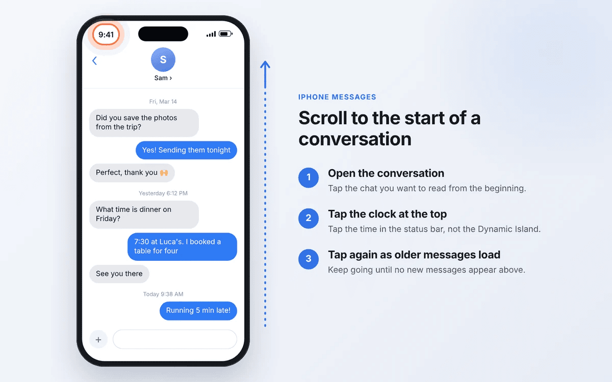 How to go to the beginning of text messages on iPhone by tapping the clock in the status bar