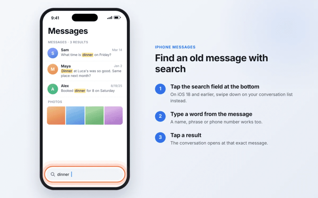 Searching for an old text message with the search field at the bottom of the iPhone Messages conversation list