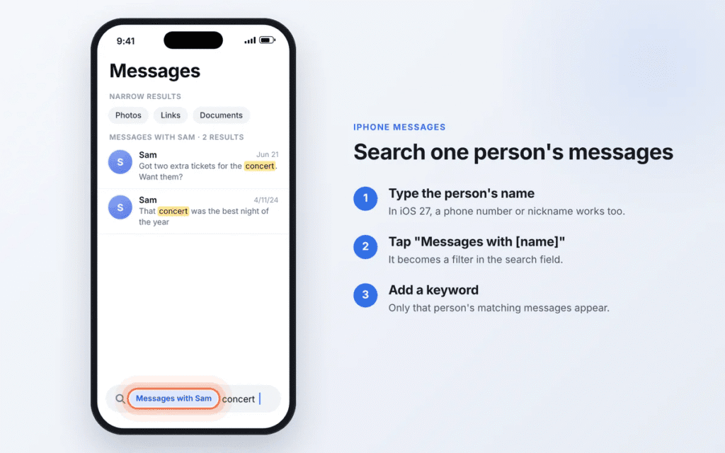 Filtering iPhone Messages search to one person with the Messages with filter and a keyword