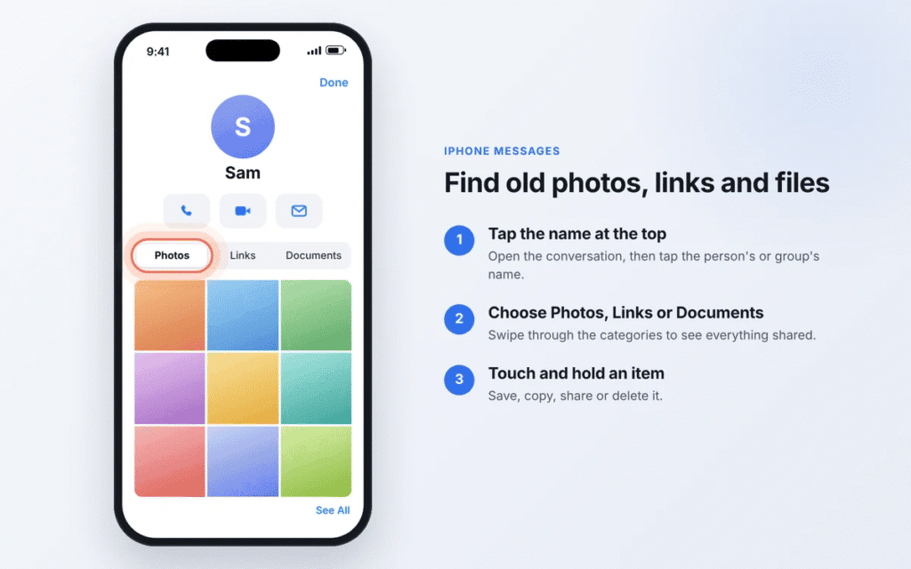 Contact details in iPhone Messages showing the Photos, Links and Documents shared in a conversation