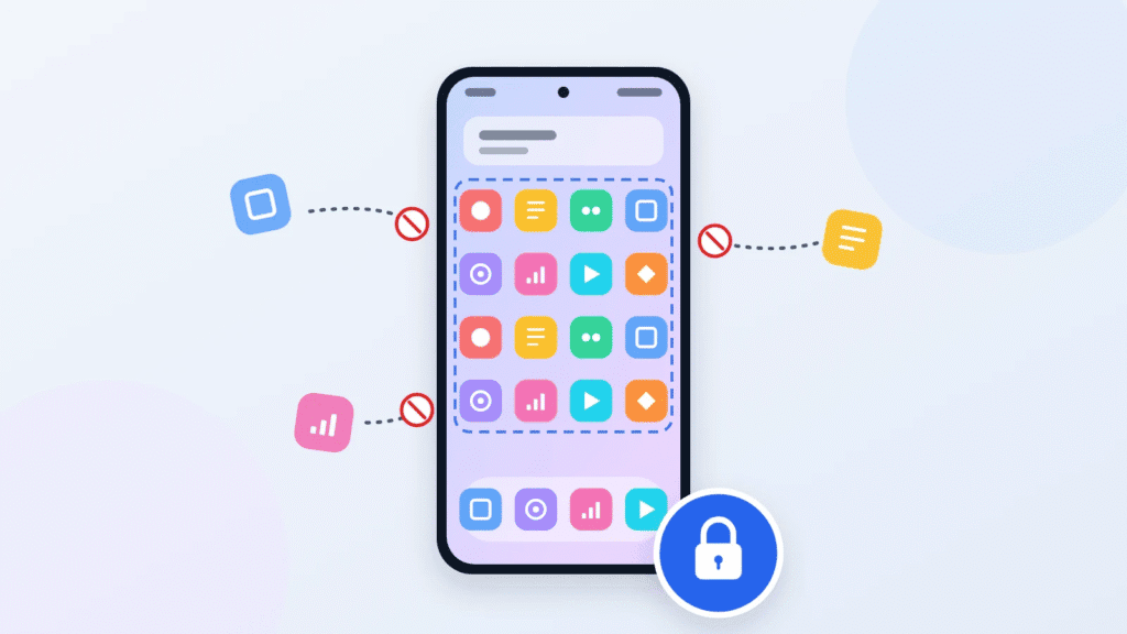 Illustration of an Android phone home screen with app icons inside a dashed frame and a padlock badge, showing a locked layout