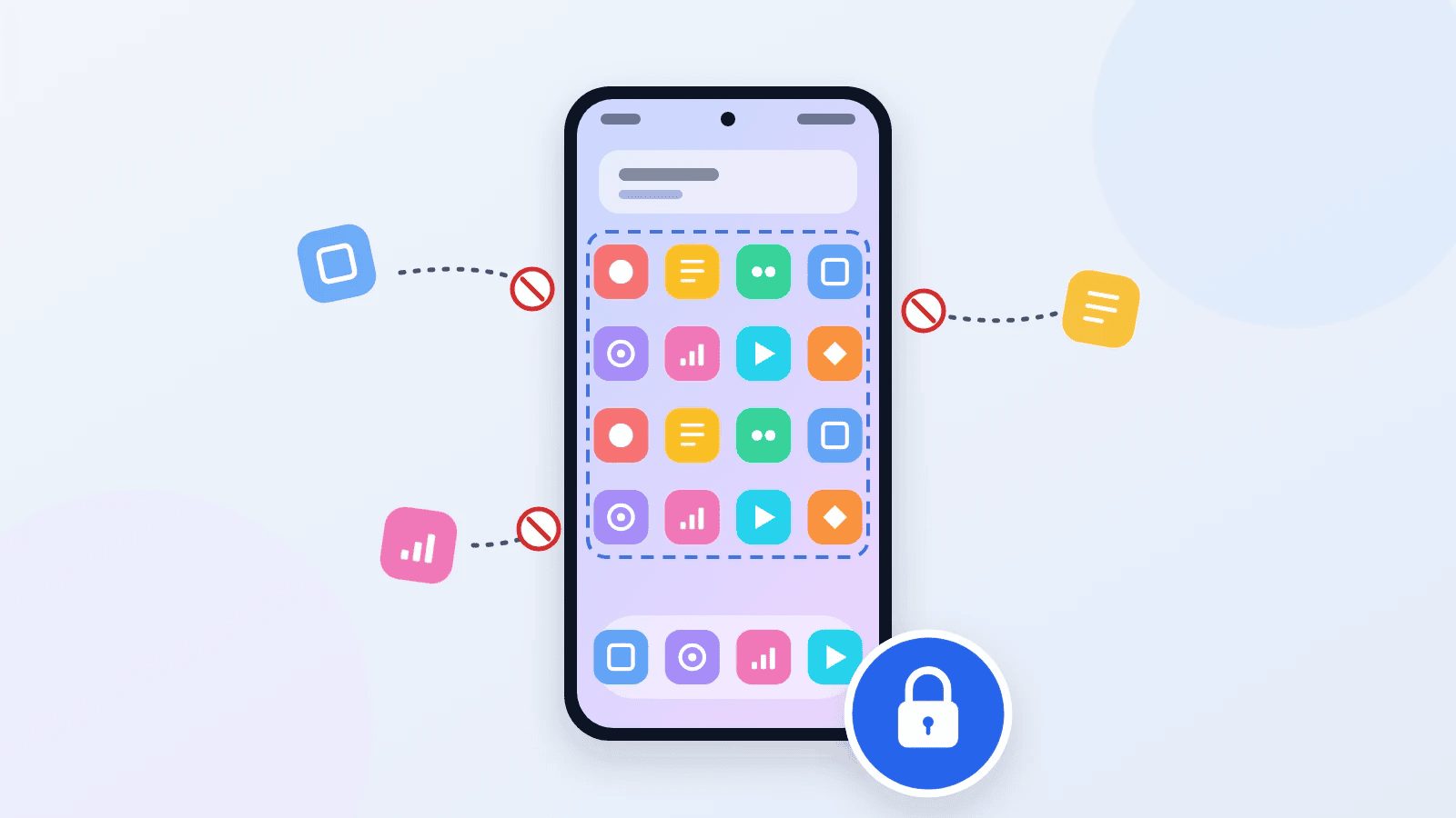Illustration of an Android phone home screen with app icons inside a dashed frame and a padlock badge, showing a locked layout