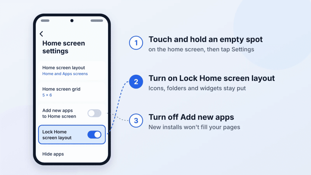 Illustration of home screen settings with the Lock Home screen layout switch on and Add new apps to Home screen off
