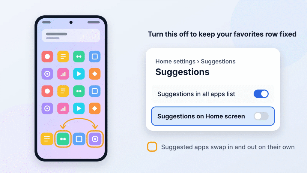 Illustration of a Pixel favorites row with two suggested apps swapping places, next to the Suggestions on Home screen switch turned off