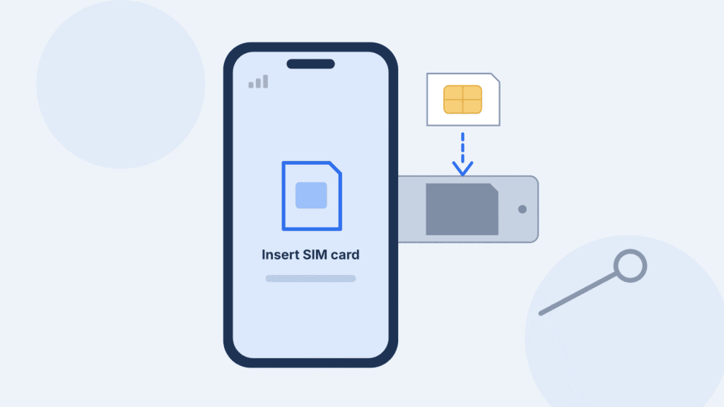 Illustration of a nano SIM card being placed into a smartphone’s SIM tray, with a SIM ejector tool nearby