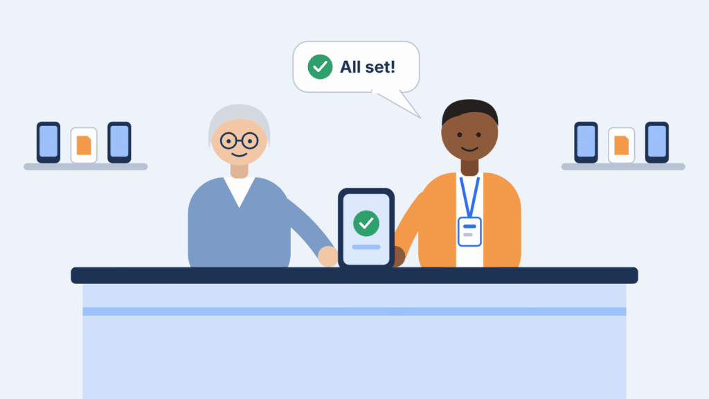 Illustration of a store associate helping an older customer finish setting up a phone at a service counter