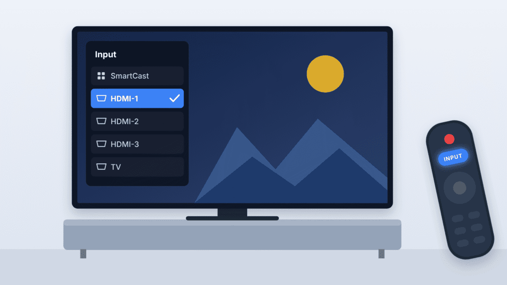 TV input list with HDMI-1 selected and a remote with the Input button highlighted