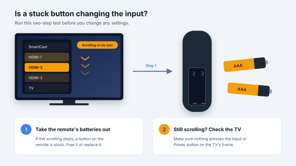 Stuck button test: TV remote with its AAA batteries removed next to a TV whose input list is scrolling by itself