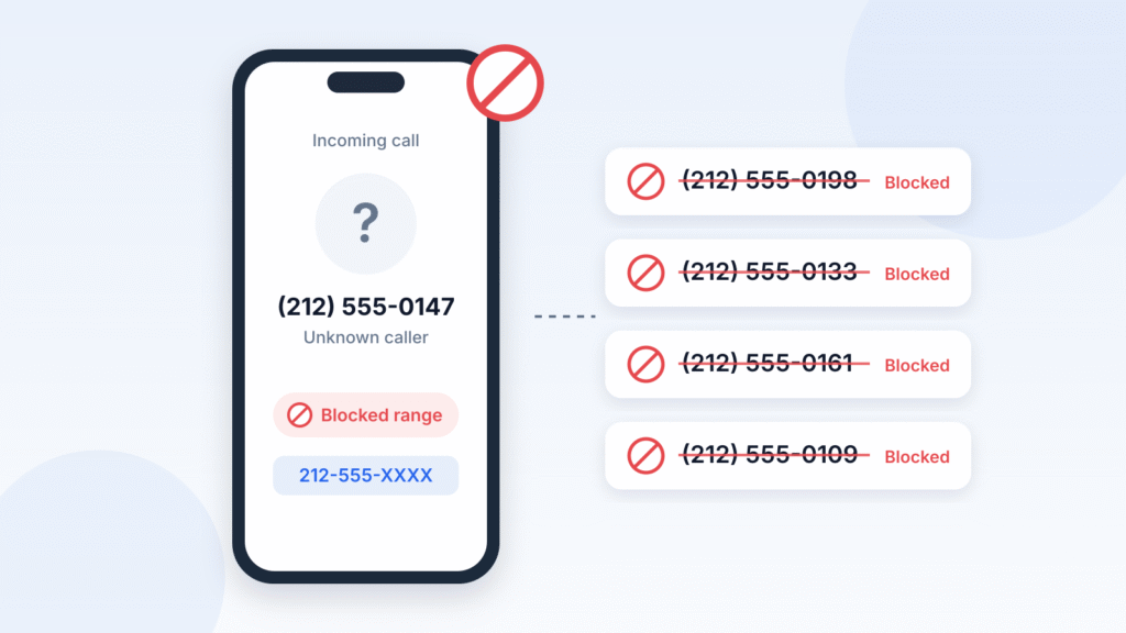 Illustration of a phone showing an incoming call from (212) 555-0147 in a blocked 212-555-XXXX range, with other 212-555 numbers marked as blocked