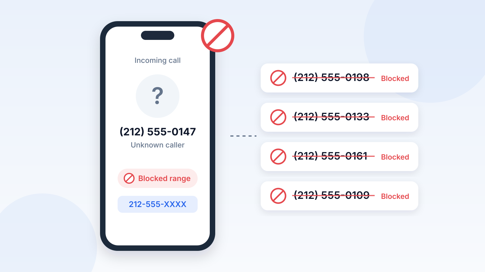 Illustration of a phone showing an incoming call from (212) 555-0147 in a blocked 212-555-XXXX range, with other 212-555 numbers marked as blocked