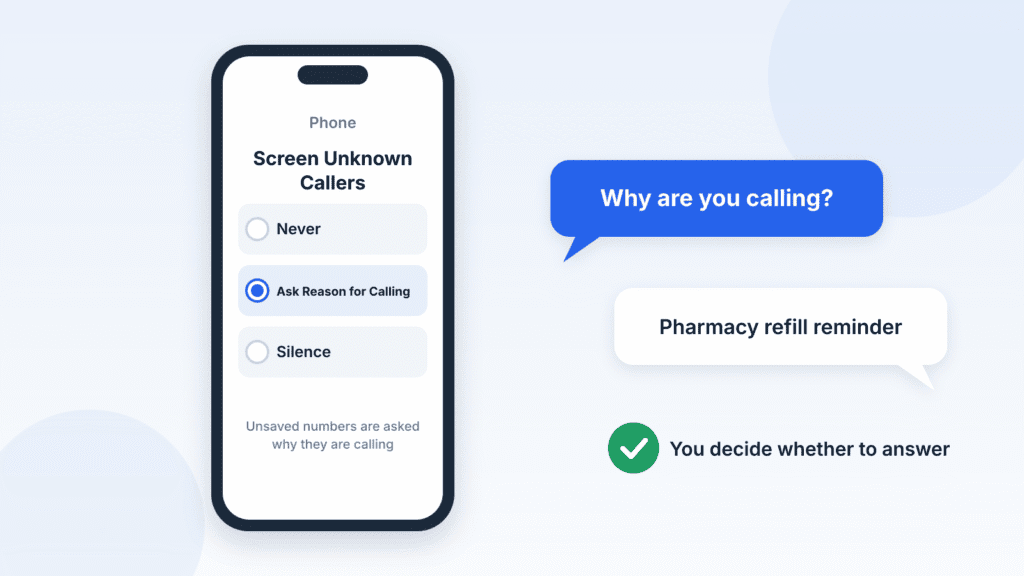 Illustration of the Screen Unknown Callers setting with Ask Reason for Calling selected and a caller explaining why they are calling