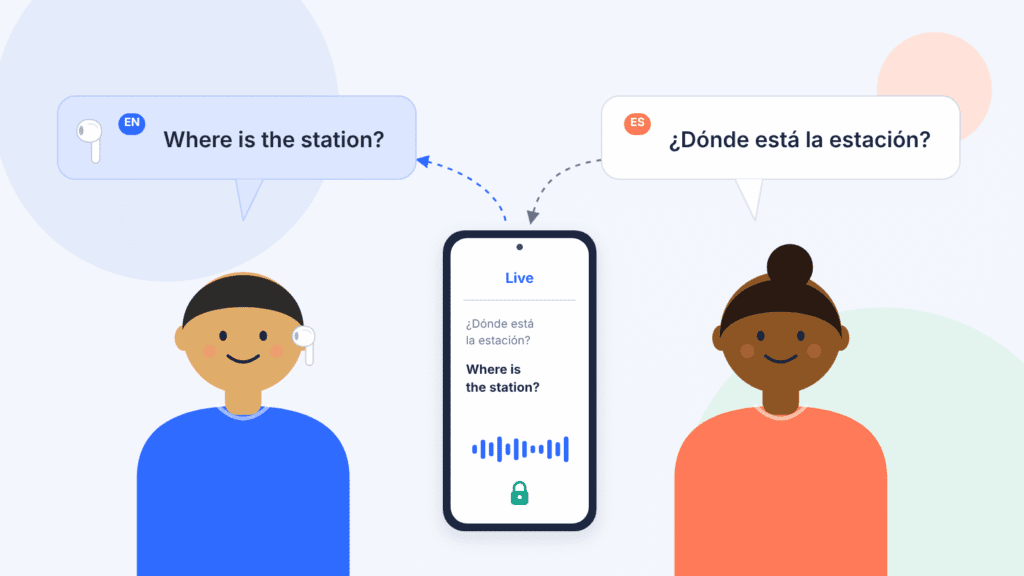 Illustration of two people talking. One asks “¿Dónde está la estación?” in Spanish; the other, wearing AirPods, hears “Where is the station?” in English as an iPhone translates.