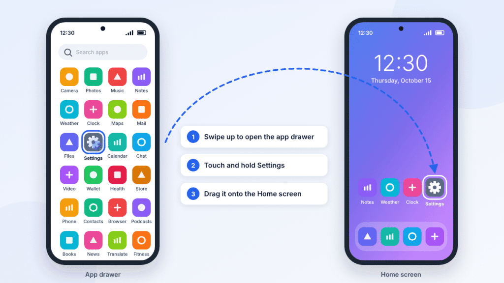 Two Android phones: the Settings gear icon held in the app drawer, then dropped onto the Home screen