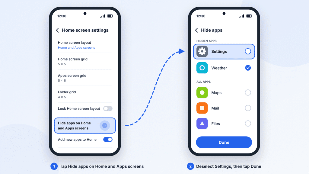 Samsung Home screen settings with Hide apps on Home and Apps screens selected, and Settings in the hidden apps list