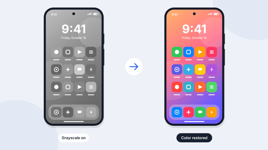Two phones side by side: one home screen in black-and-white grayscale, the other with full color restored