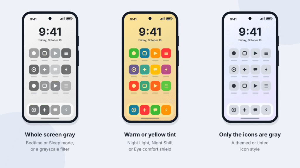 Three phone screens comparing a fully gray screen, a warm yellow tint, and a screen where only the app icons are gray