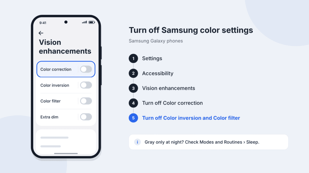 Samsung Galaxy Vision enhancements menu with Color correction, Color inversion, Color filter, and Extra dim switched off