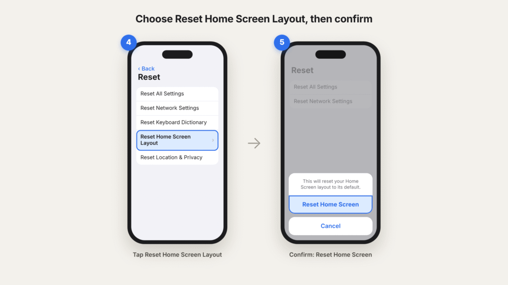 Illustration of the final two steps: in the Reset menu, tap Reset Home Screen Layout, then tap Reset Home Screen in the confirmation prompt.