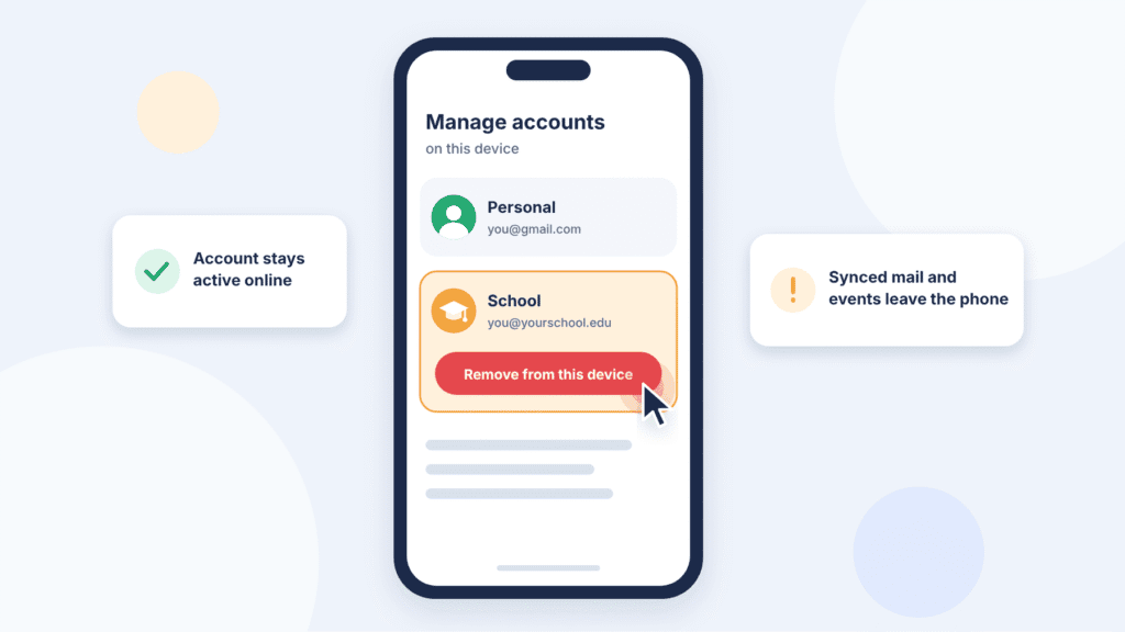 Gmail app: a phone with “Remove from this device” on the school account.