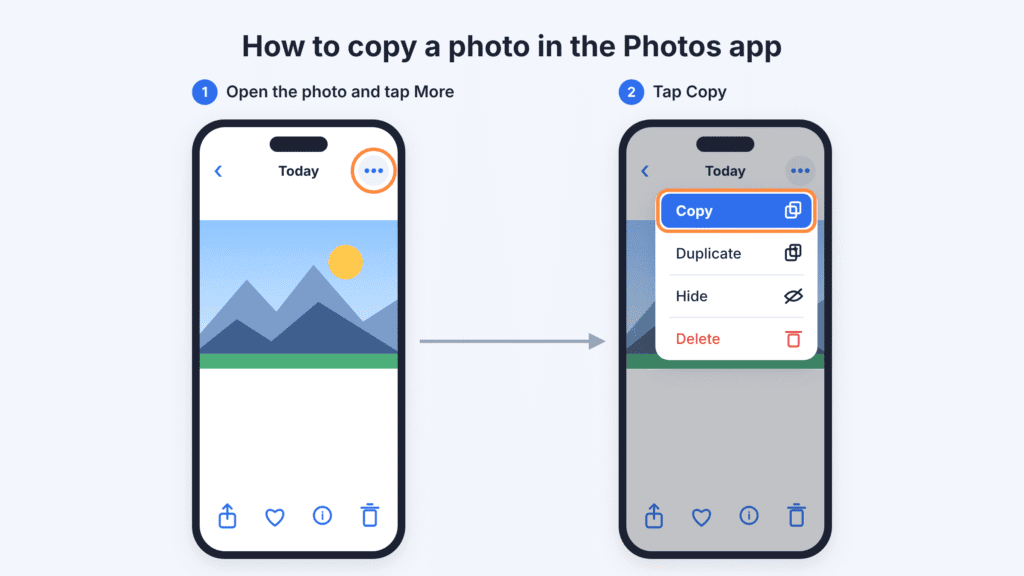 Two iPhone screens showing how to copy a photo: tap the More button in Photos, then tap Copy