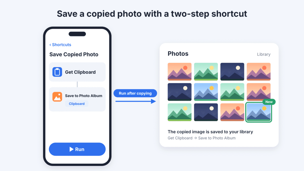 Two-step iPhone shortcut using Get Clipboard and Save to Photo Album to save a copied image