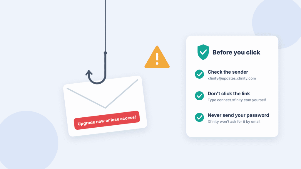 Fake email saying Upgrade now or lose access caught on a fishing hook, next to a checklist for spotting phishing